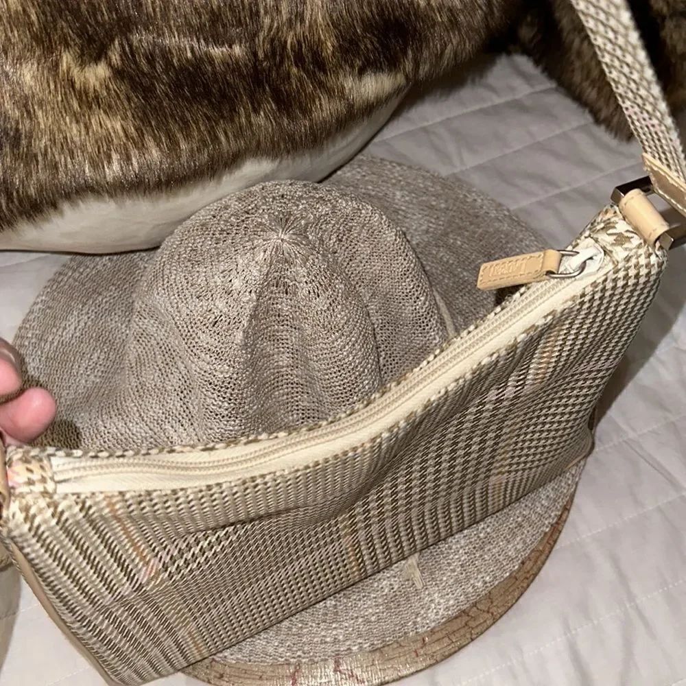LRL Ivory Tan White Pink Gold Houndstooth Leather Silver Tone Hardware Hobo Bag - Picture 10 of 16